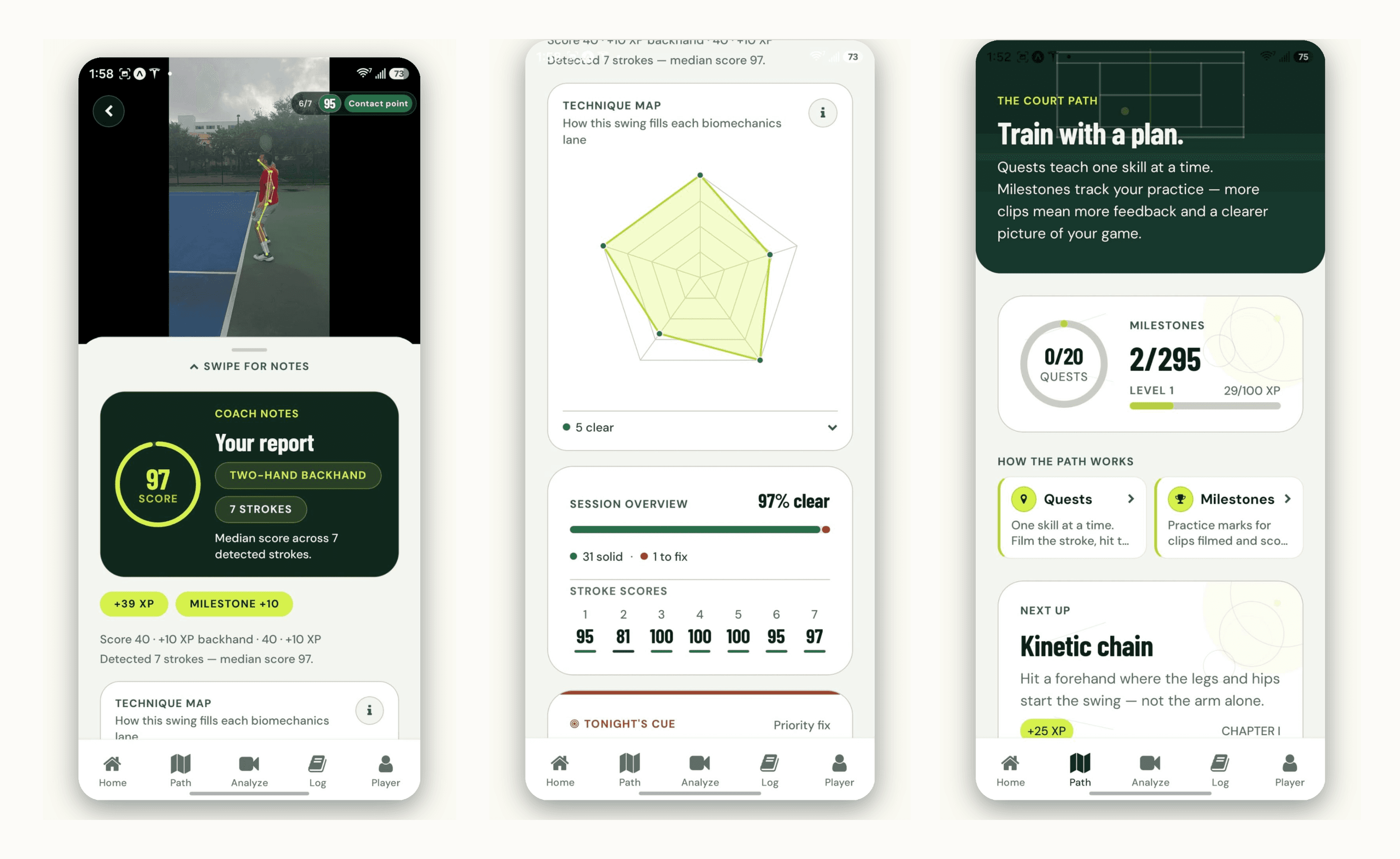 Match Point AI app screens: video replay with pose skeleton and score, technique map, and Court Path training plan